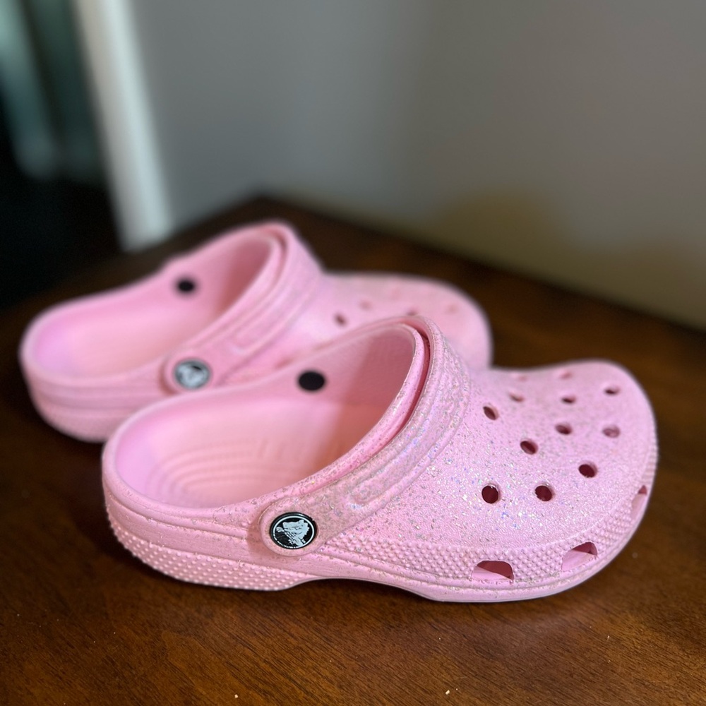 Girls Pink Crocs with Silver Sparkle Glitter